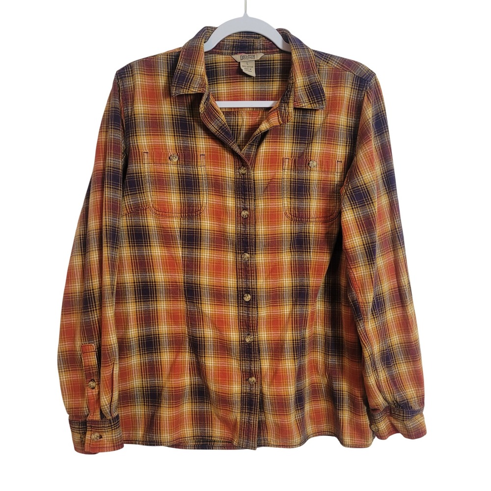 Duluth Trading Co Womens Orange Purple Plaid Cotton Button Down Shirt Large